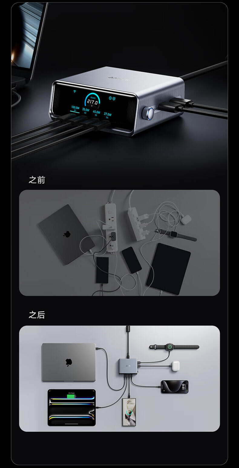 ANKER安克桌面充pro250W屏显桌面充电站Prime 氮化镓type-c快充适用iphone16苹果15安卓usb笔记本充电器 详情图 18