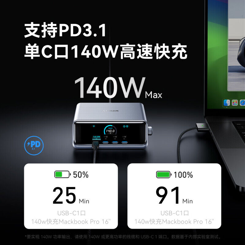 ANKER安克桌面充pro250W屏显桌面充电站Prime 氮化镓type-c快充适用iphone16苹果15安卓usb笔记本充电器